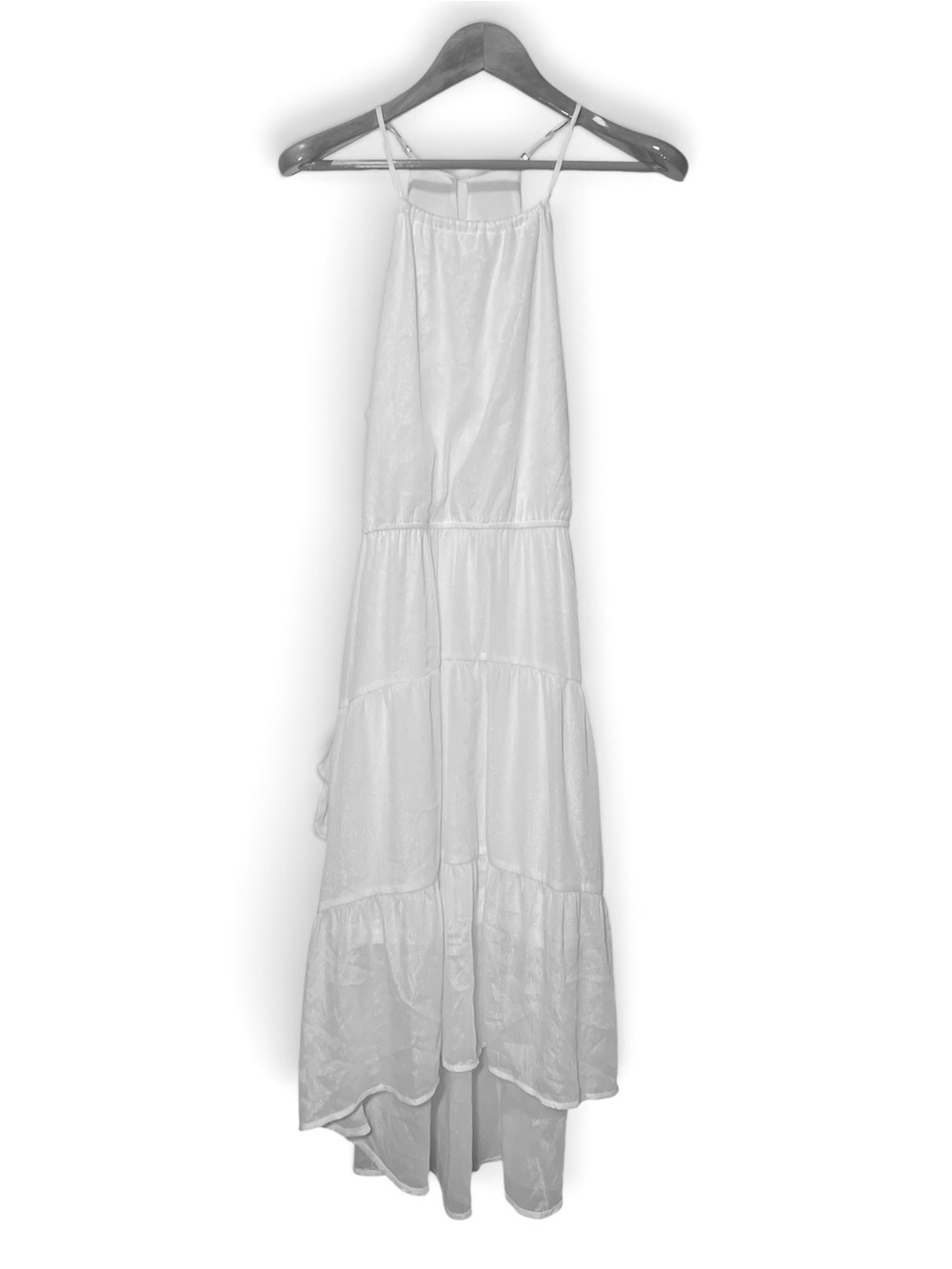 Andrée by Unit White Shimmer Maxi Dress M Tiered Ruffle Tie Waist High Low Shimm